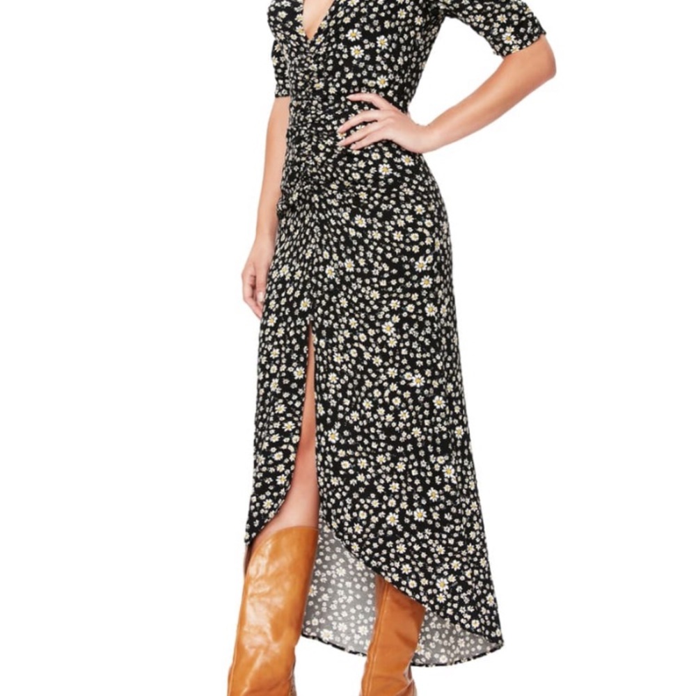 NWT AFRM Black Daisy Ditsy Ruched Midi Dress XS - Picture 2 of 13